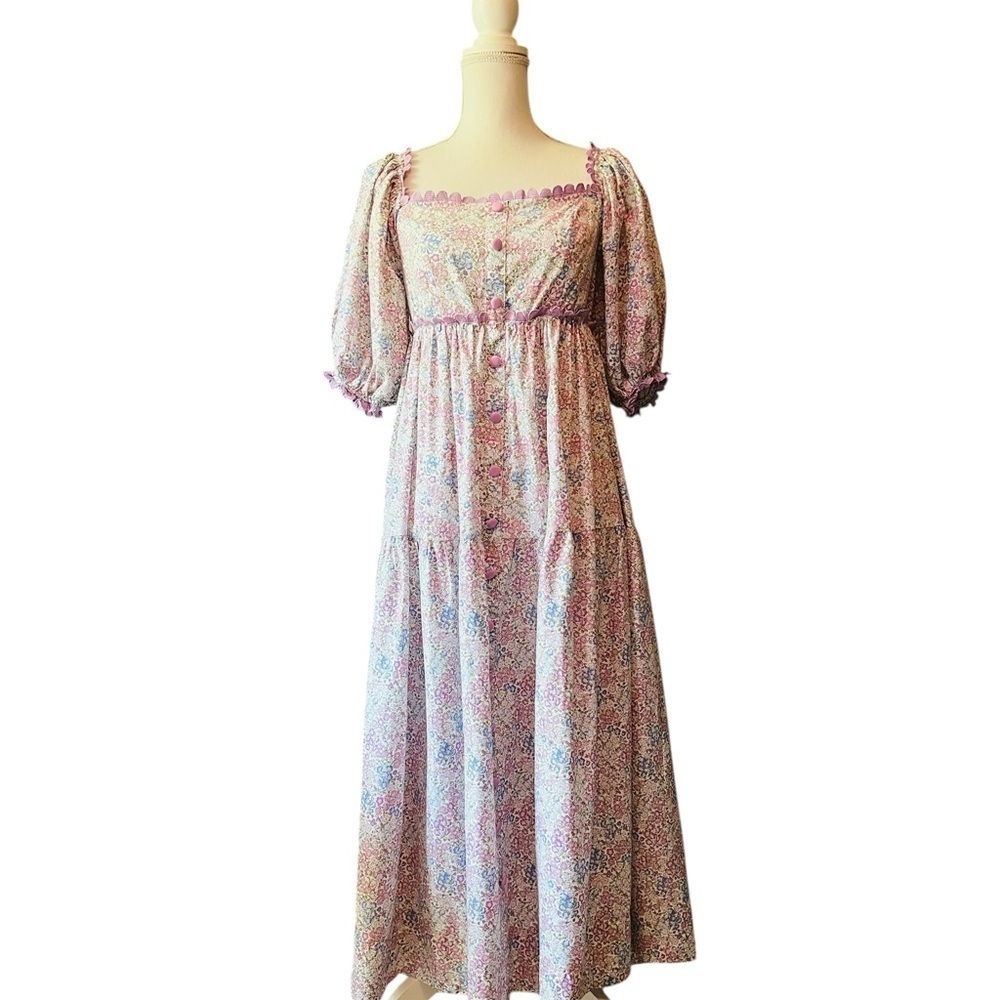 MABLE Purple and Blue Square Neck Maxi Dress Floral Print Size Medium